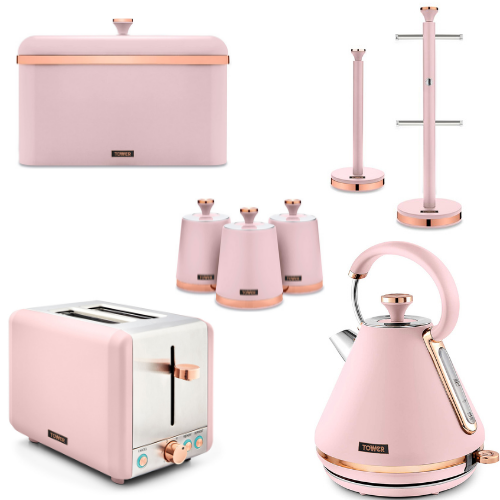Tower Cavaletto Pink Set of 8 Kettle Toaster Bread Bin 3 Canisters Mug Tree & Towel Pole