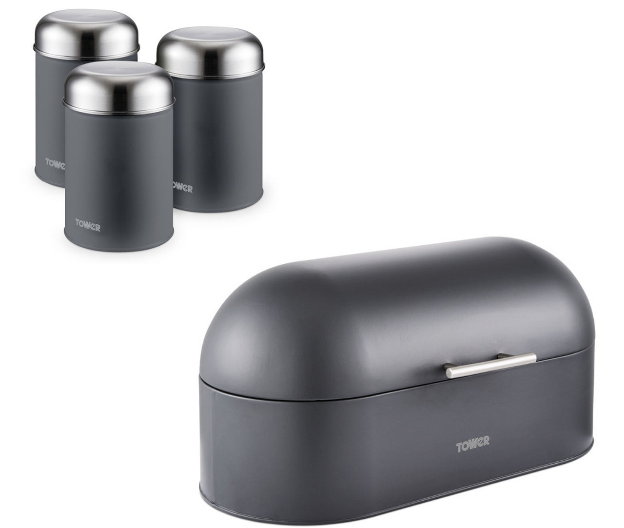 Tower Infinity Slate Grey Bread Bin & 3 Canisters Matching Kitchen Storage Set