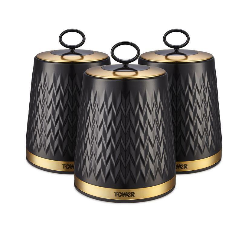 Tower Empire Kitchen Canisters Black & Brass ART DECO Tea Coffee Sugar Set of 3