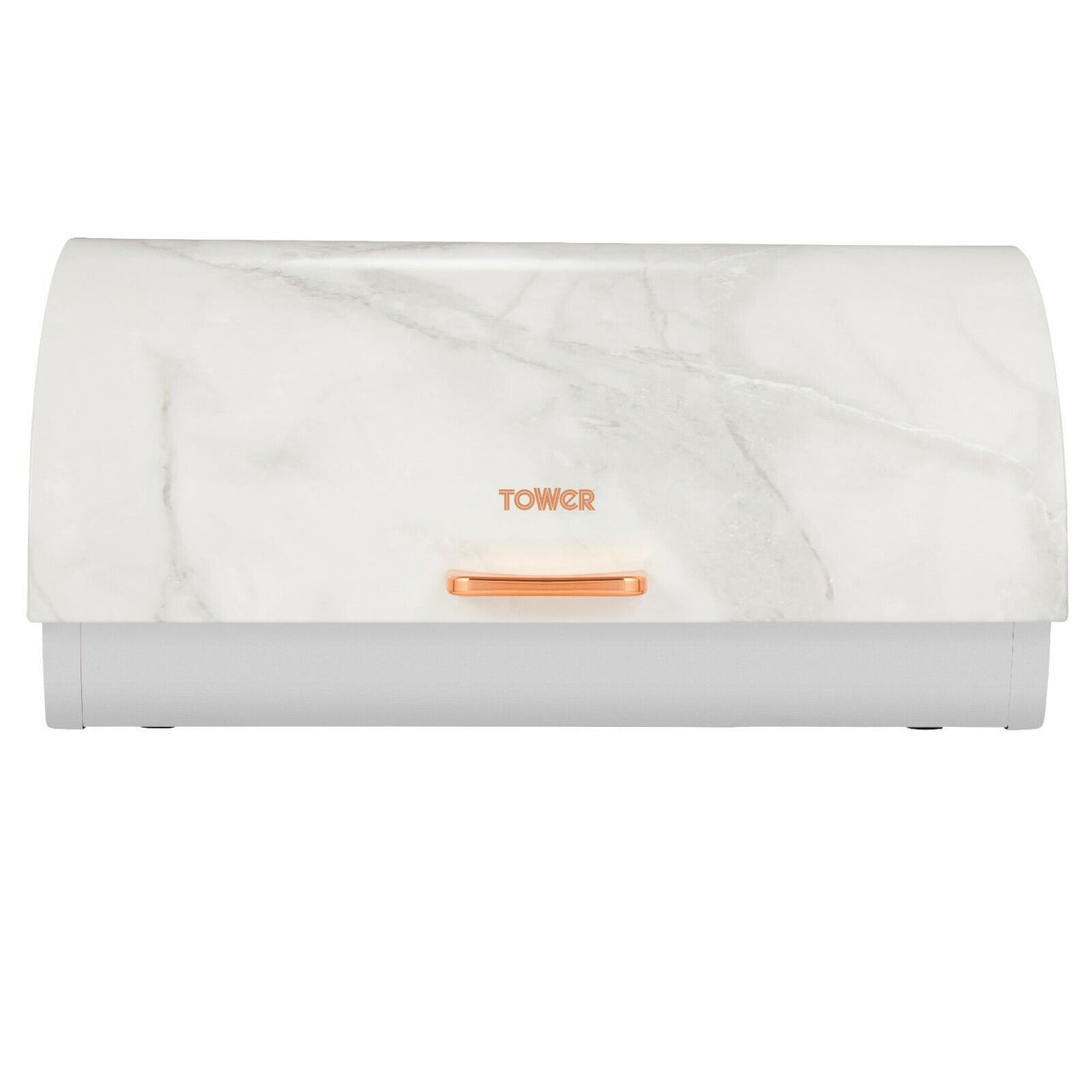 Tower Roll Top Bread Bin in White Marble with Rose Gold Kitchen Storage