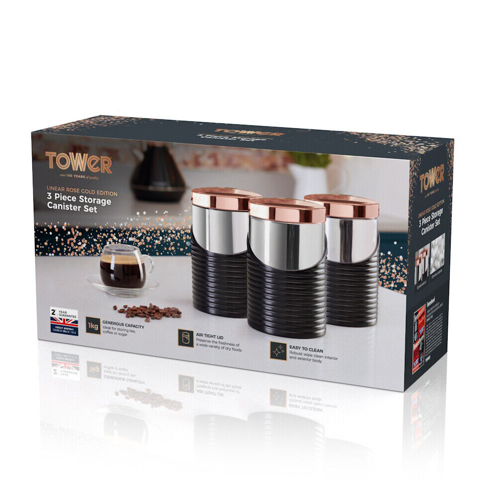 Tower Linear Tea, Coffee Sugar Set of Storage Canisters in Rose Go
