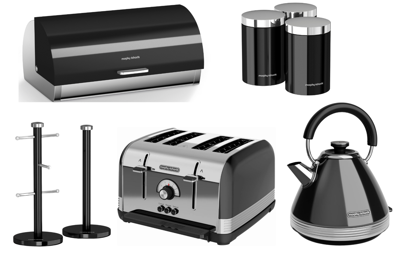 Morphy Richards Venture Retro Black Kettle, 4 Slice Toaster & Accents 6 Piece Kitchen Storage Set