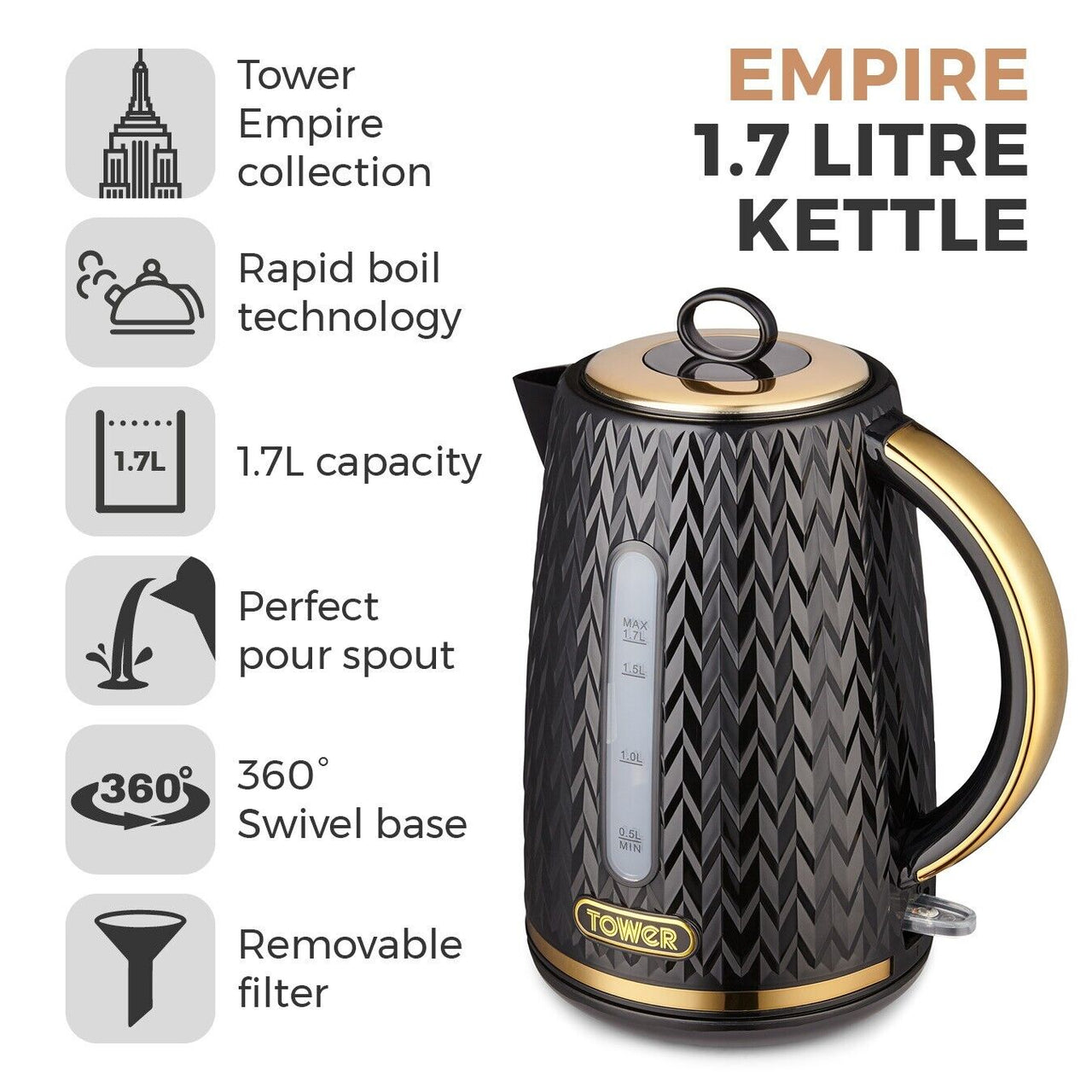 Tower Empire 1.7L 3KW Jug Kettle in Black with Bronze Accents T10052BLK