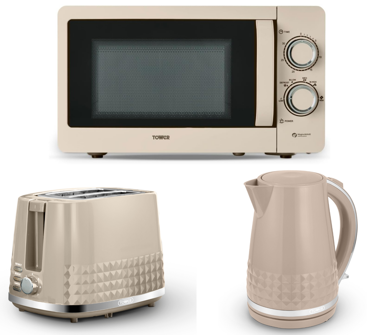 Tower Solitaire 1.5L 3KW Jug Kettle, 2 Slice Toaster & T24042MSH 800W Microwave Set in Latte & Chrome