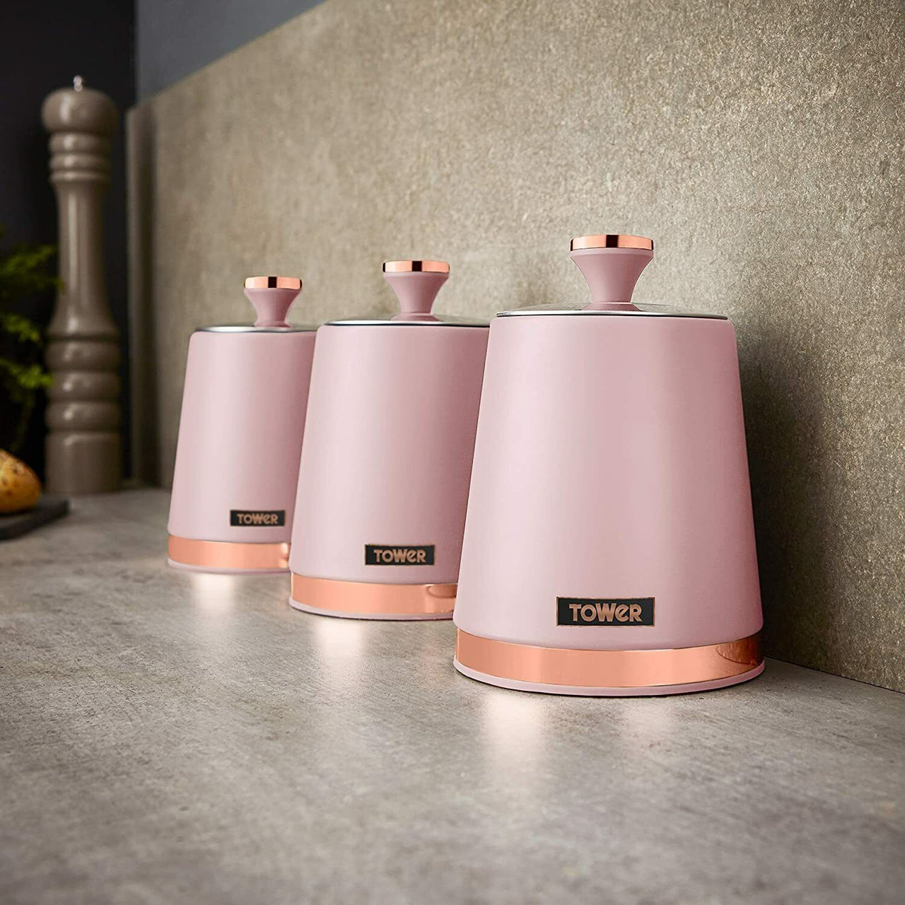 Tower Cavaletto Bread Bin, Canisters, Mug Tree & Towel Pole Set Pink & Rose Gold