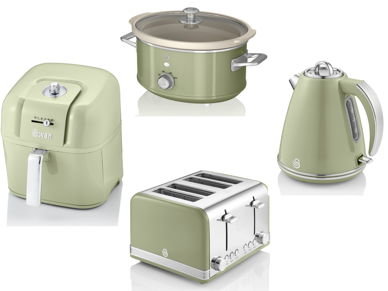 SWAN Retro Green Jug Kettle Toaster 6L Air Fryer & 3.5L Slow Cooker Kitchen Set