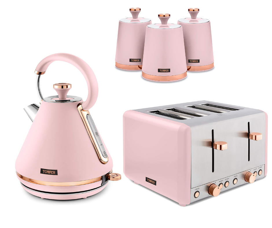 TOWER Cavaletto Pink & Rose Gold 3KW 1.7L Pyramid Kettle, 4 Slice 1800W Toaster & Set of 3 Tea, Coffee, Sugar Canisters. Matching Kitchen Set in Pink & Rose Gold