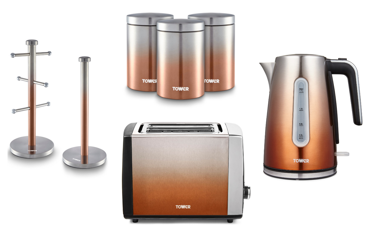 Tower Infinity Ombre Copper Kettle Toaster Canisters Mug Tree & Towel Pole Set