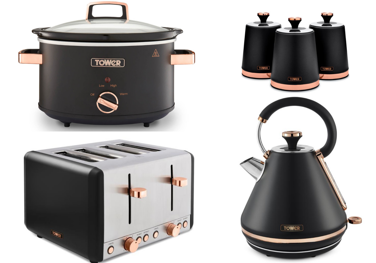 Tower Cavaletto Black Kettle 4 Slice Toaster Large 6.5L Slow Cooker 3 Canisters
