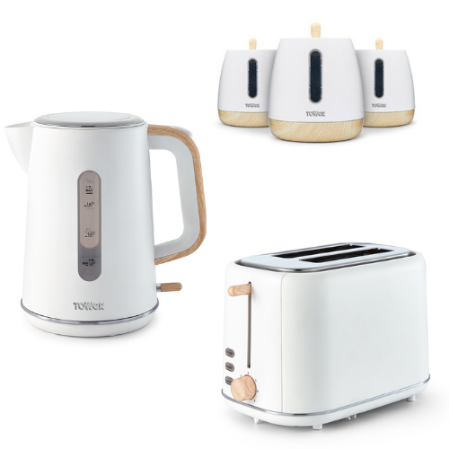 Scandinavian Design Kettle, Toaster & 3 Canisters Set in White Tower Scandi