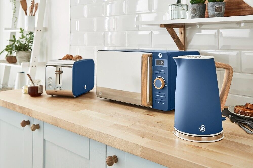 Swan Nordic Blue 1.7L 3KW Jug Kettle, 4 Slice Toaster, 800W 20L Microwave, Canisters, Mug Tree & Towel Pole Set