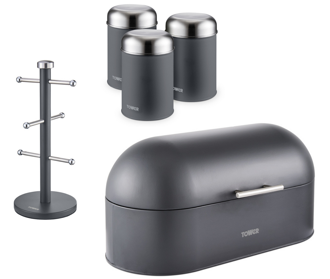 Tower Infinity Slate Grey Bread Bin, 3 Canisters & Mug Tree Kitchen Storage Set