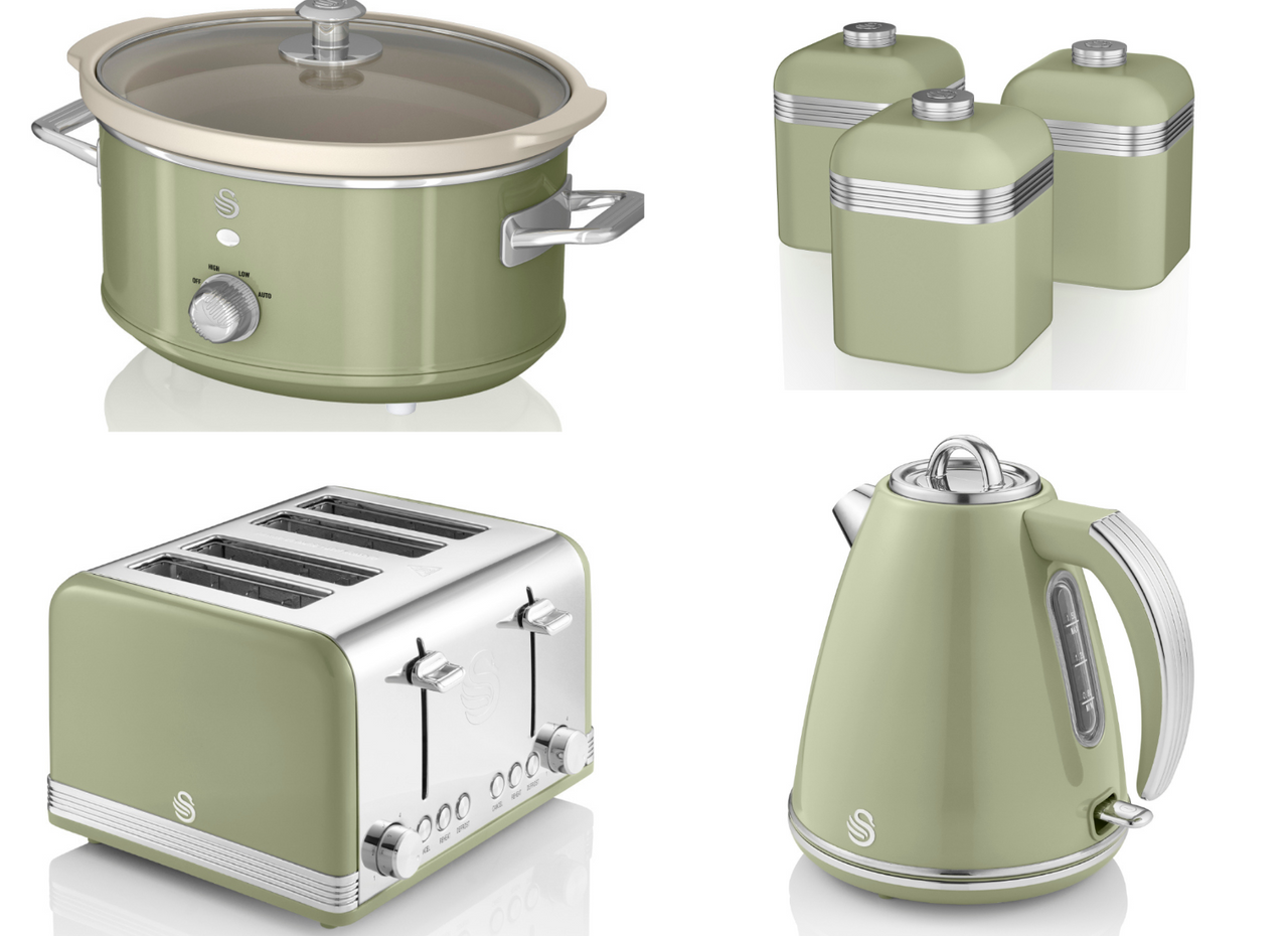 SWAN Retro Green Jug Kettle 4 Slice Toaster 3.5L Slow Cooker & 3 Canisters Set