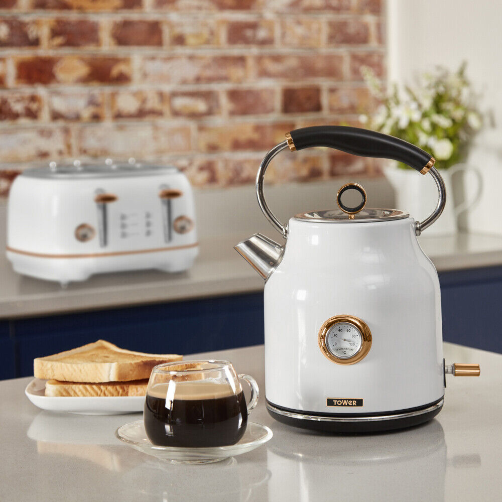 NEW Rose Gold & White Kettle, 4 Slice Toaster, Microwave, Bread Bin & Canisters
