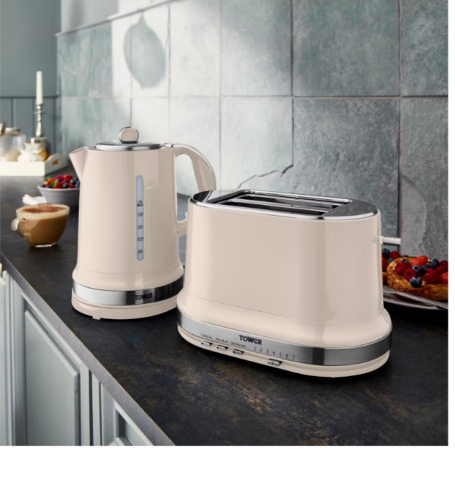 Tower Belle Chantilly Kettle, 2 Slice Toaster, Breadbin & Canisters Kitchen Set of 6 in Cream