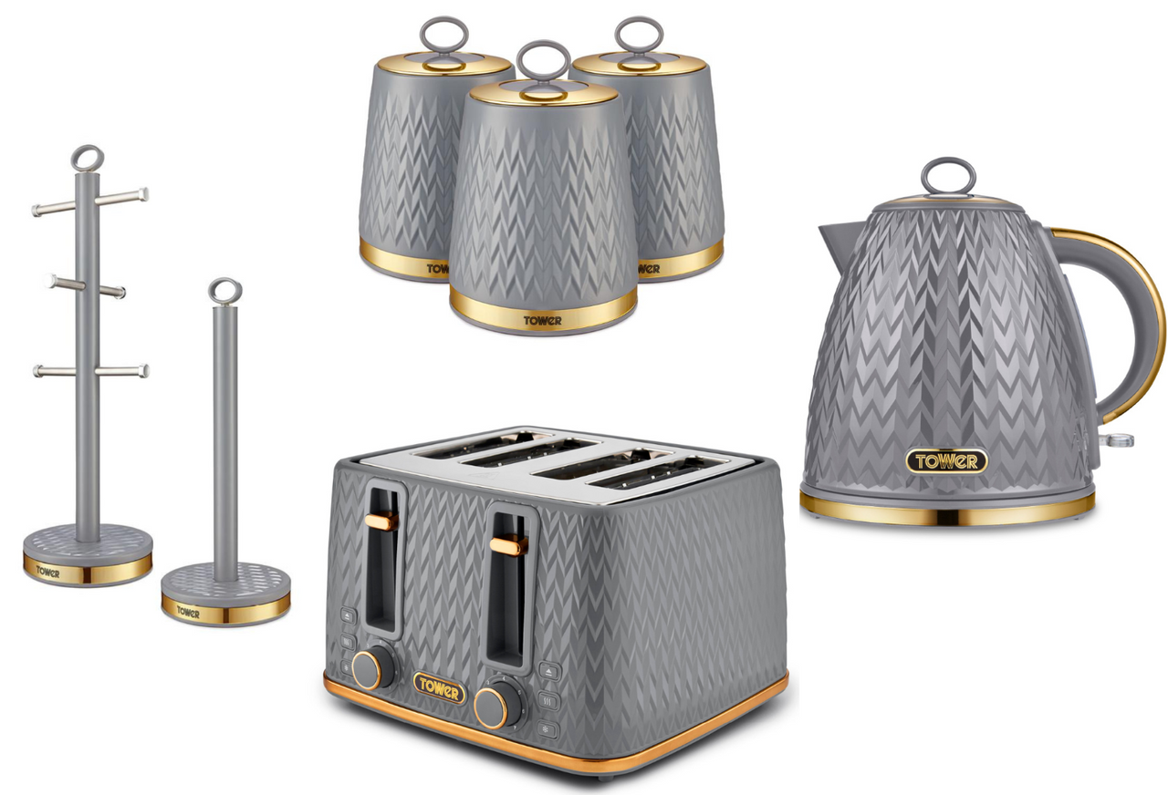 Tower Empire Pyramid Kettle 4 Slice Toaster 3 Canisters Mug Tree Towel Pole Grey