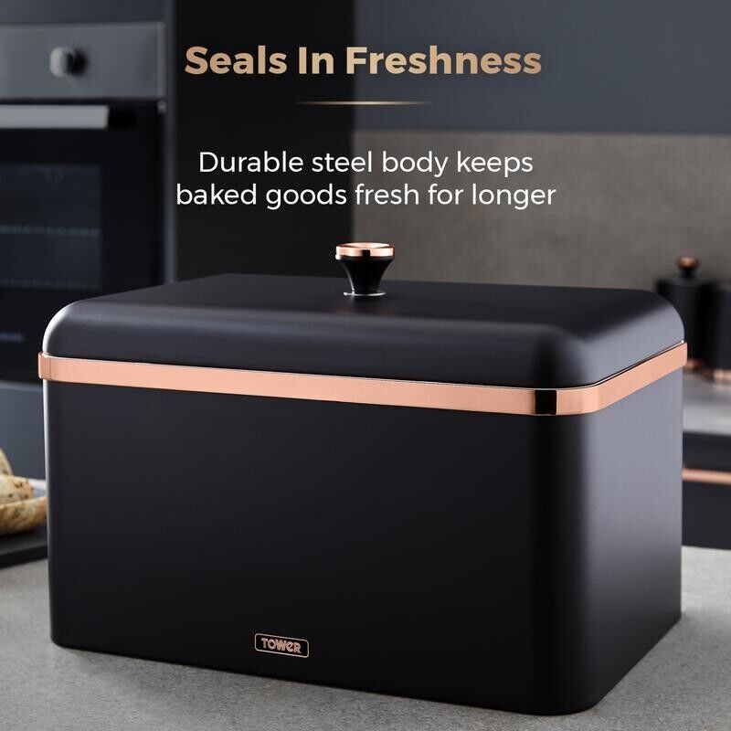 Tower Cavaletto Bread Bin Black & Rose Gold T826130BLK Kitchen Storage Bread Bin