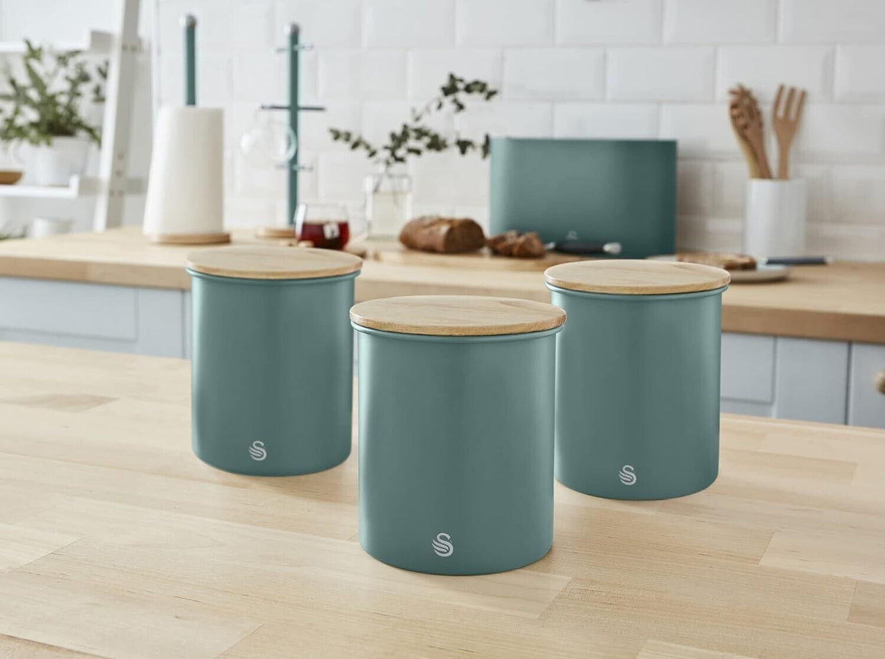 Swan Nordic Green Breadbin Canisters Matching Kitchen Storage Set