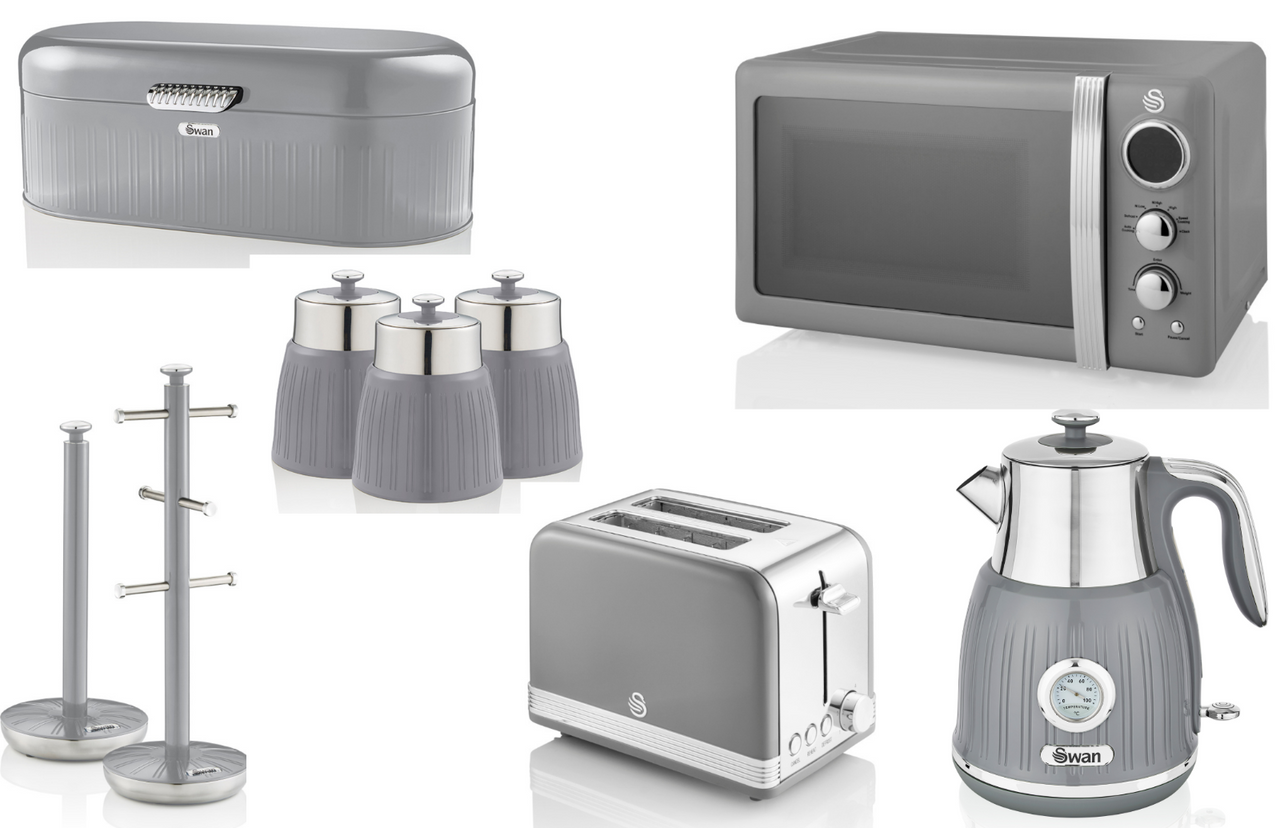 SWAN Retro Grey Dial Kettle, 2 Slice Toaster, 800W 20L Microwave, Bread Bin, Canisters, Mug Tree & Towel Pole Set of 9