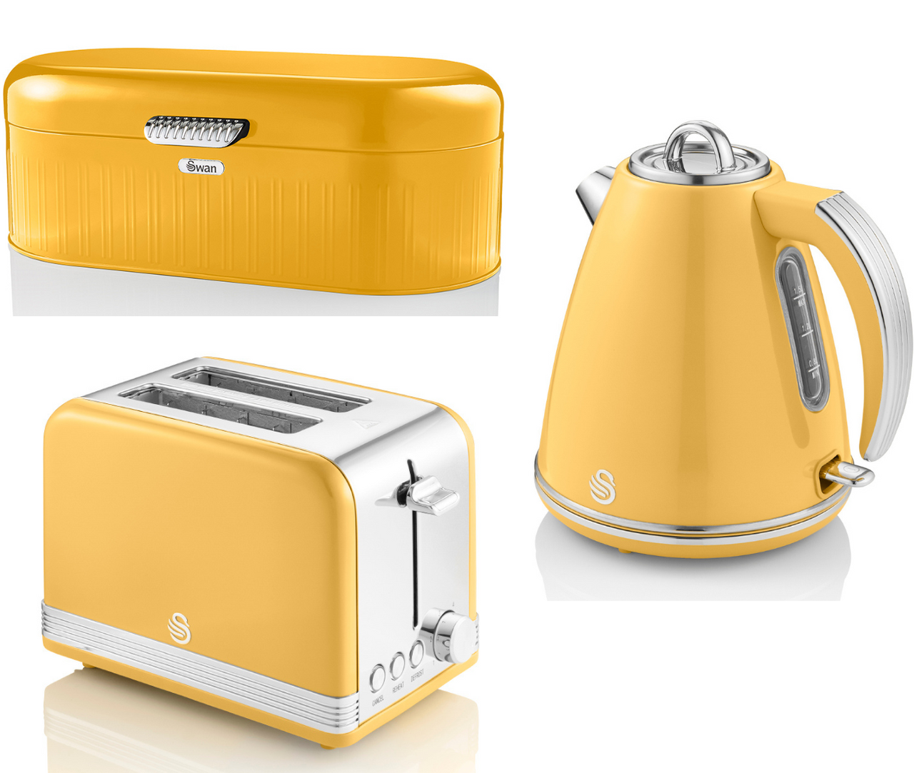 NEW Swan Retro Yellow Jug Kettle 2 Slice Toaster & Bread Bin Vintage Kitchen Set