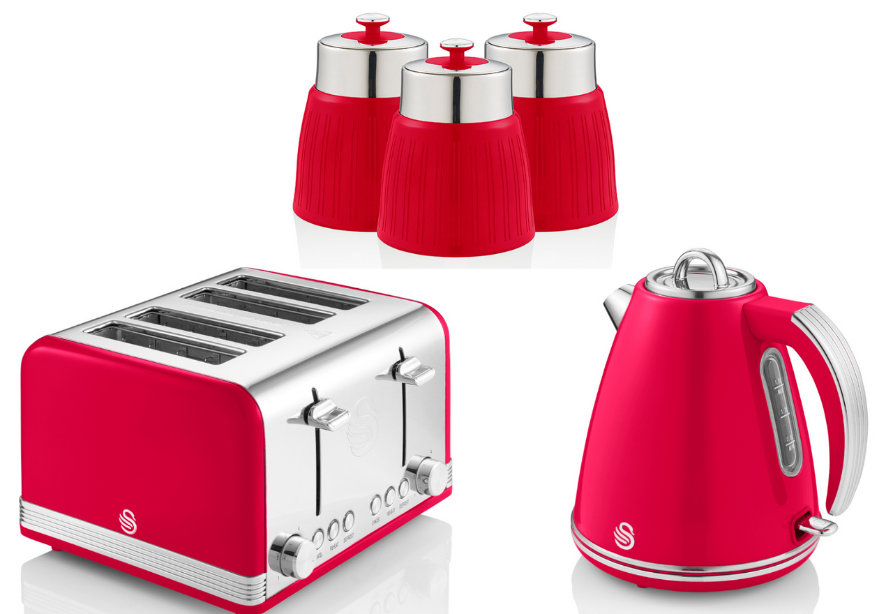 Swan Retro Red 1.5L Jug Kettle 4 Slice Toaster & 3 Canisters Kitchen Set of 5