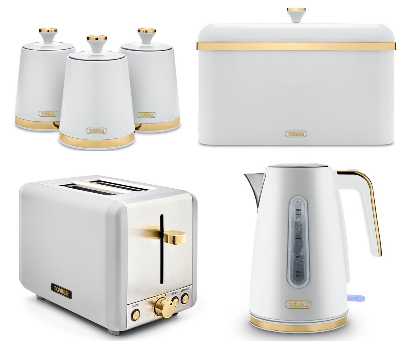 Tower Cavaletto White Jug Kettle 2 Slice Toaster Bread Bin & Canisters Set of 6