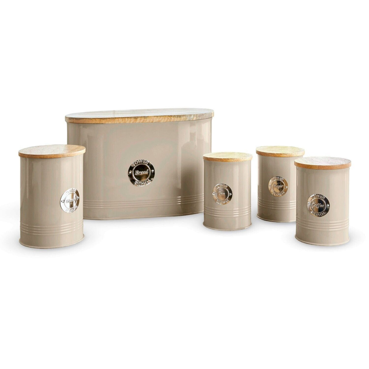 Tower 5 Piece Latte Round Storage Set Bread Bin Canisters Biscuit Tin T826213MSH