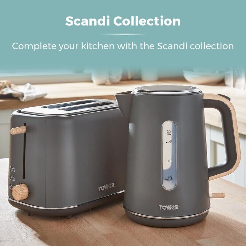 Tower Scandi Grey  Kettle 2 Slice Toaster & Coffee Maker Scandinavian Style Set