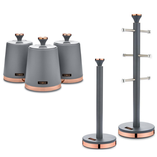 Tower Cavaletto Kitchen Canisters, Mug Tree, Towel Pole Set Grey & Rose Gold