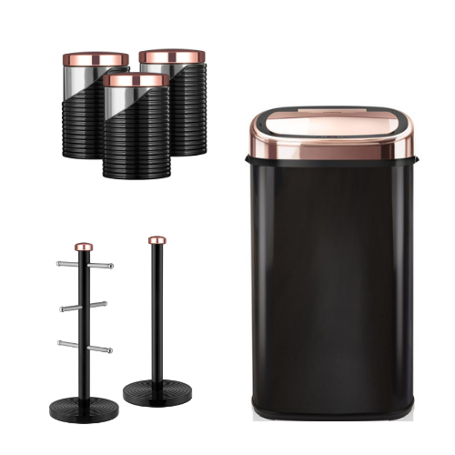 Tower Linear 58L Sensor Bin, 3 Canisters, Mug Tree & Towel Pole Set Black & Rose Gold