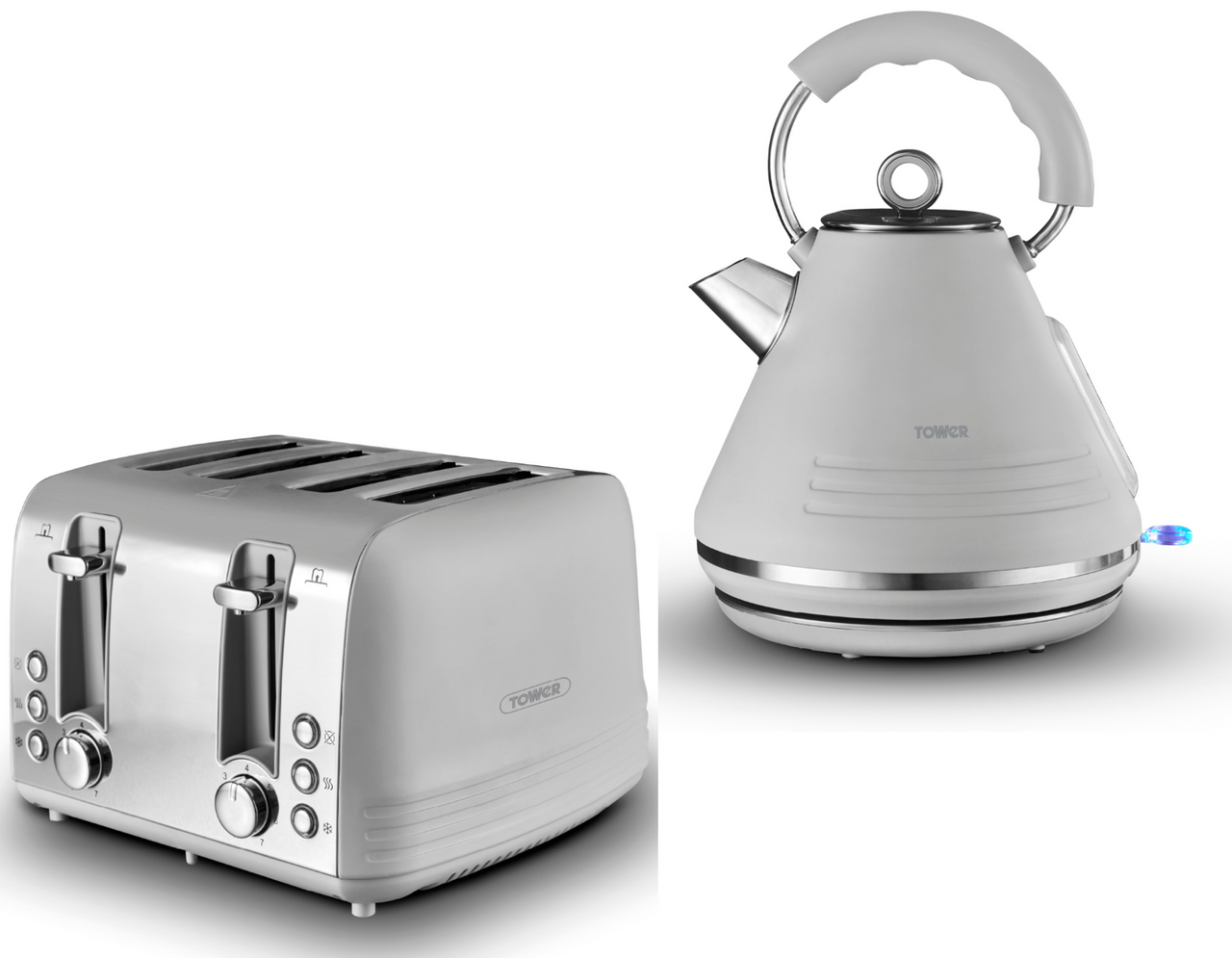 Tower Ash Grey & Chrome 1.7L 3KW Pyramid Kettle & 4 Slice Toaster Contemporary Set