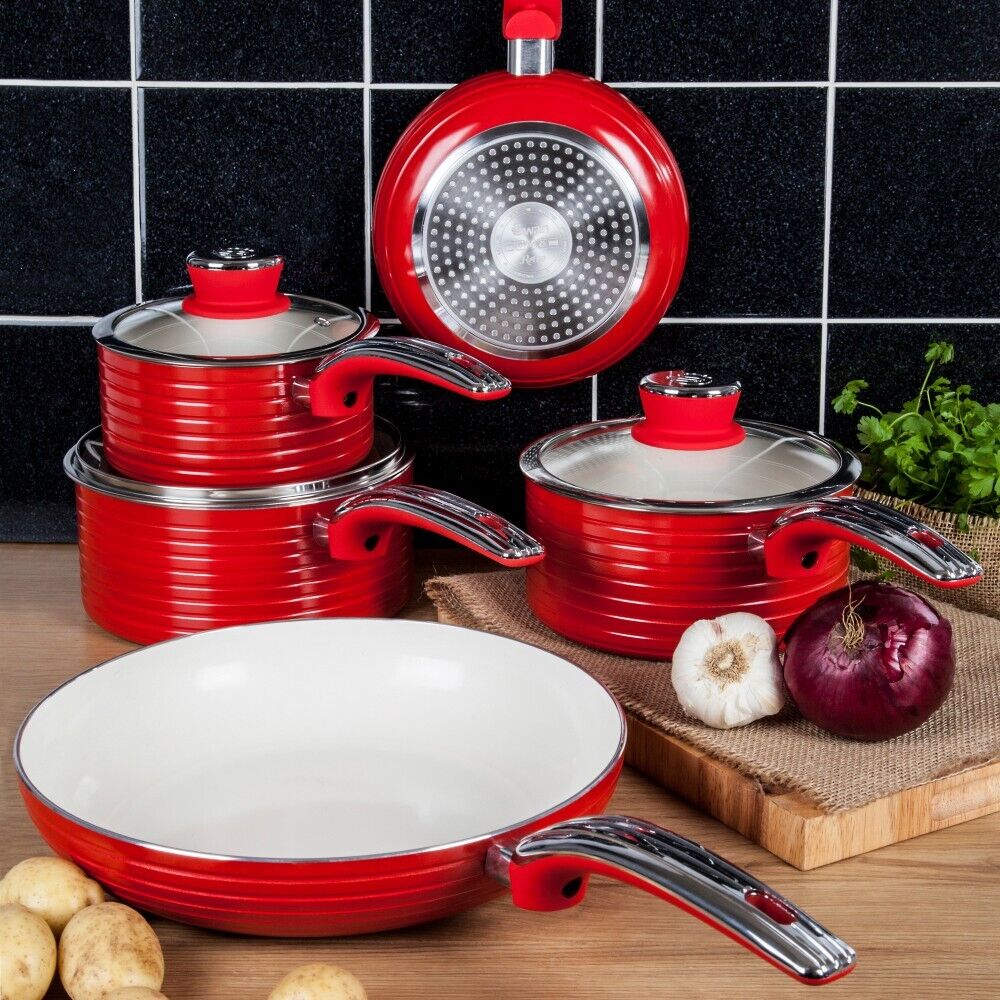 Swan Retro 5 Piece Pan Set Red.  Stylish Kitchen Cookware Set. 2 Year Guarantee