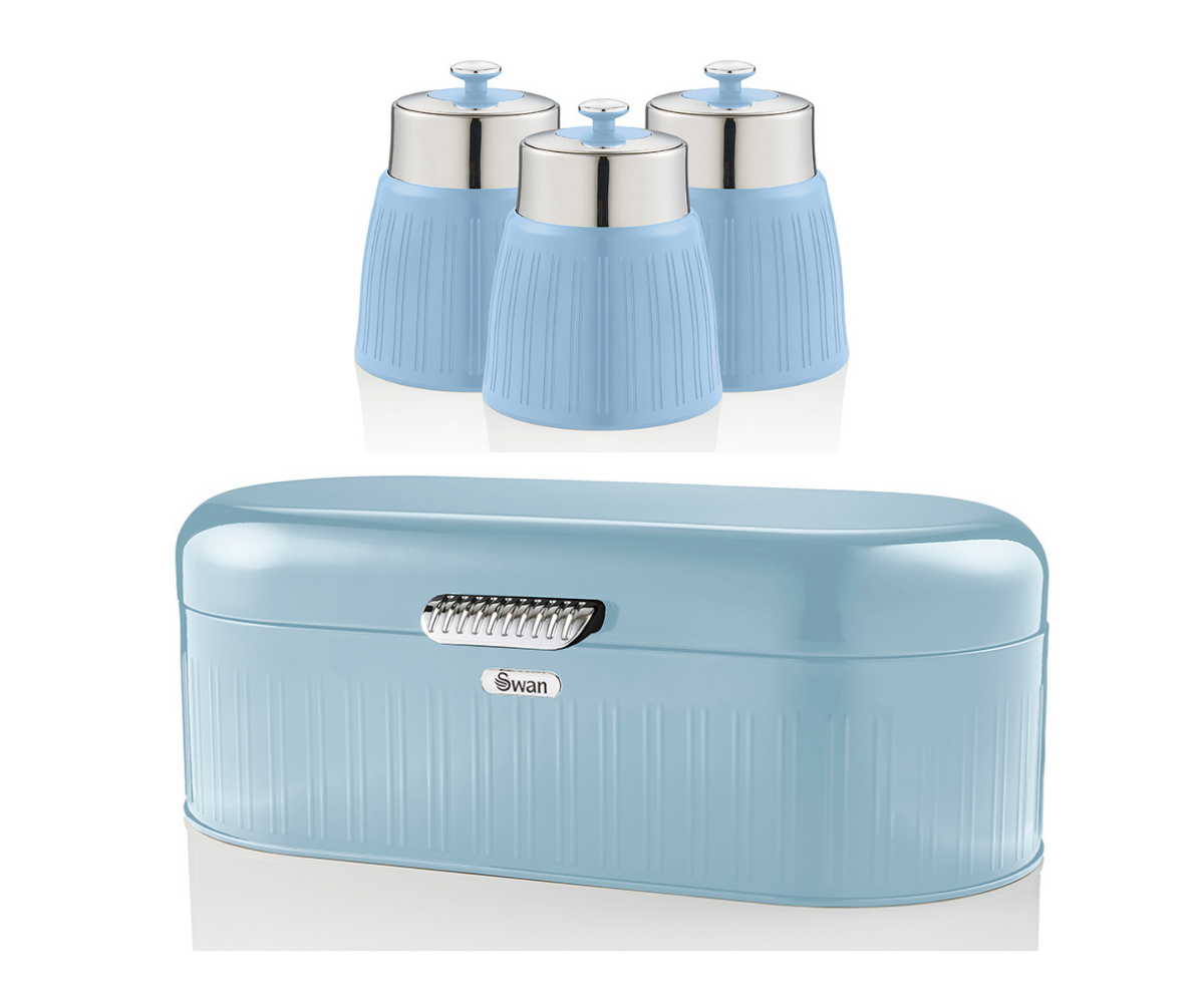 Swan Retro Blue Bread Bin & Set of 3 Tea, Coffee & Sugar Canisters Kitchen Set