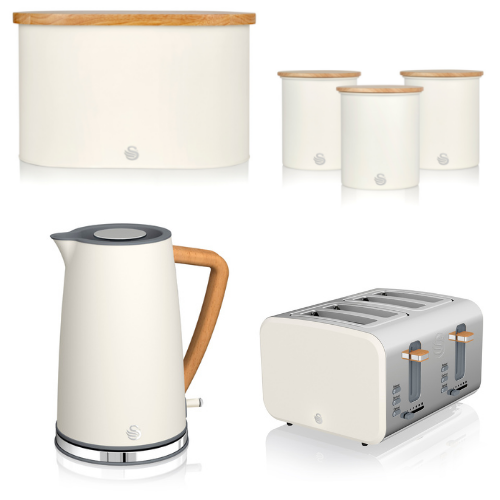 Swan Nordic Kettle, 4 Slice Toaster, Breadbin & Canisters Matching Set in Cotton White