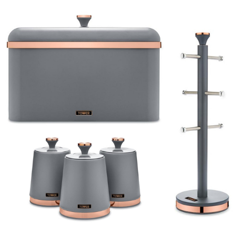 Tower Cavaletto Bread Bin Canisters & Mug Tree Grey/Rose Gold Kitchen Storage Set