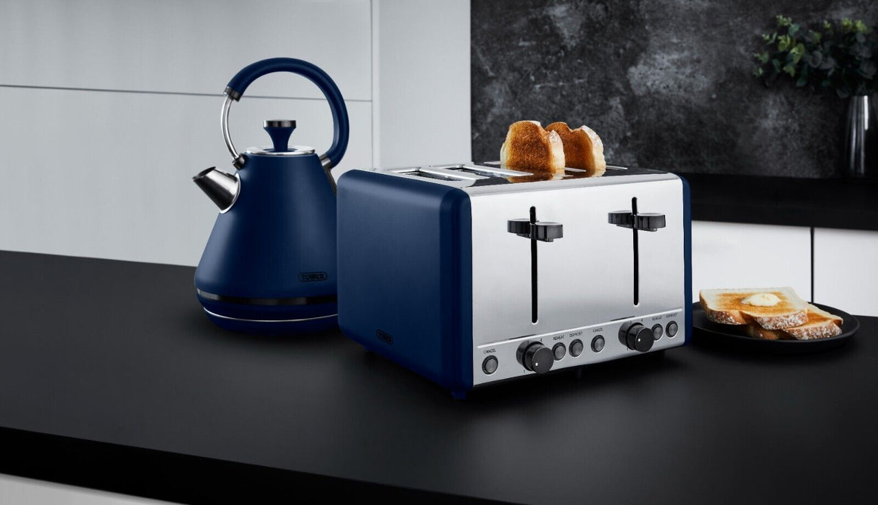 Tower Sera Pyramid Kettle & 4 Slice Toaster Set in Midnight Blue with Black Trim