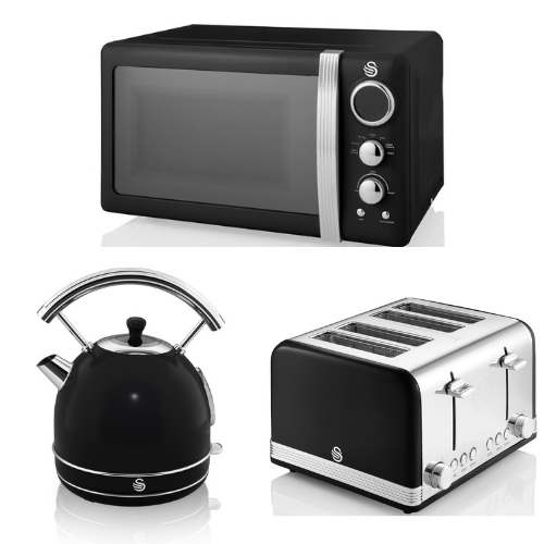 SWAN Retro Dome Kettle, 4 Slice Toaster & Digital Microwave in Black & Chrome