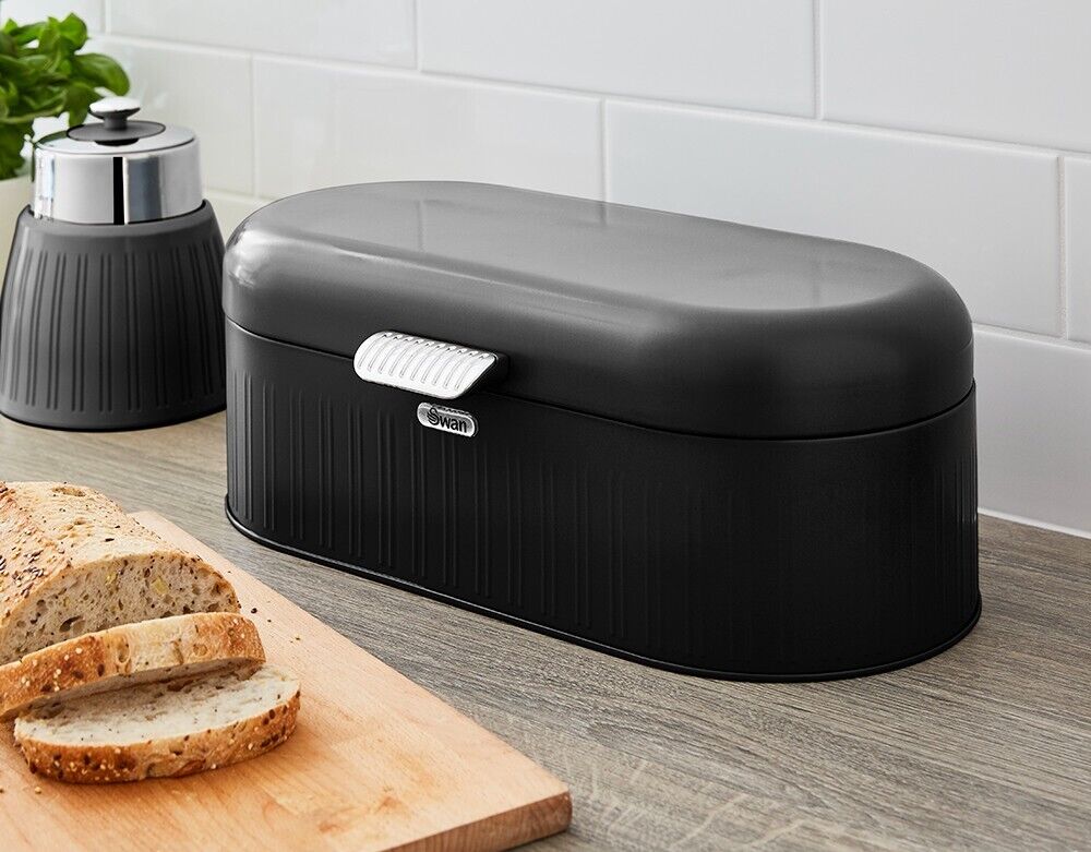 Swan Retro Black Bread Bin & Set of 3 Tea, Coffee & Sugar Canisters Kitchen Set