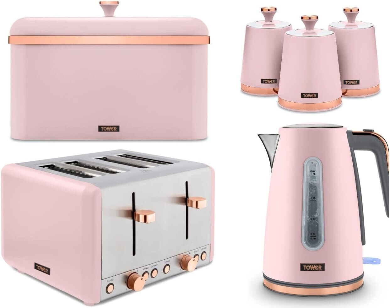 Tower Cavaletto Pink 1.7L 3KW Jug Kettle, 4 Slice Toaster, Bread Bin & Canisters Matching Kitchen Set of 6