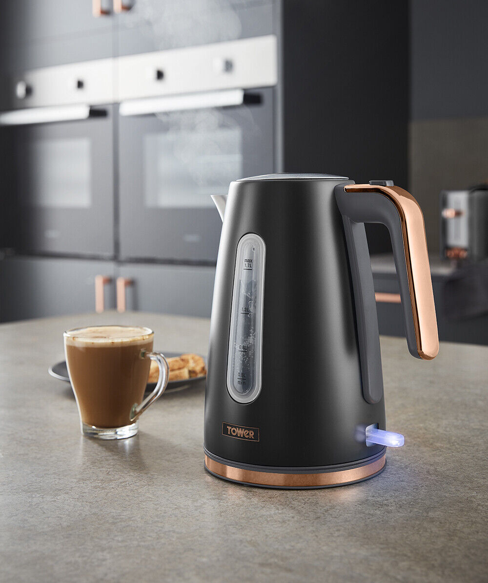 Tower Cavaletto Jug Kettle 4 Slice Toaster Breadbin & Mug Tree Black & Rose Gold