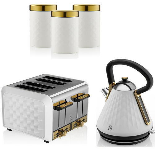 SWAN Gatsby Kettle 4 Slice Toaster & Storage Canisters Vintage 1920s White/Gold