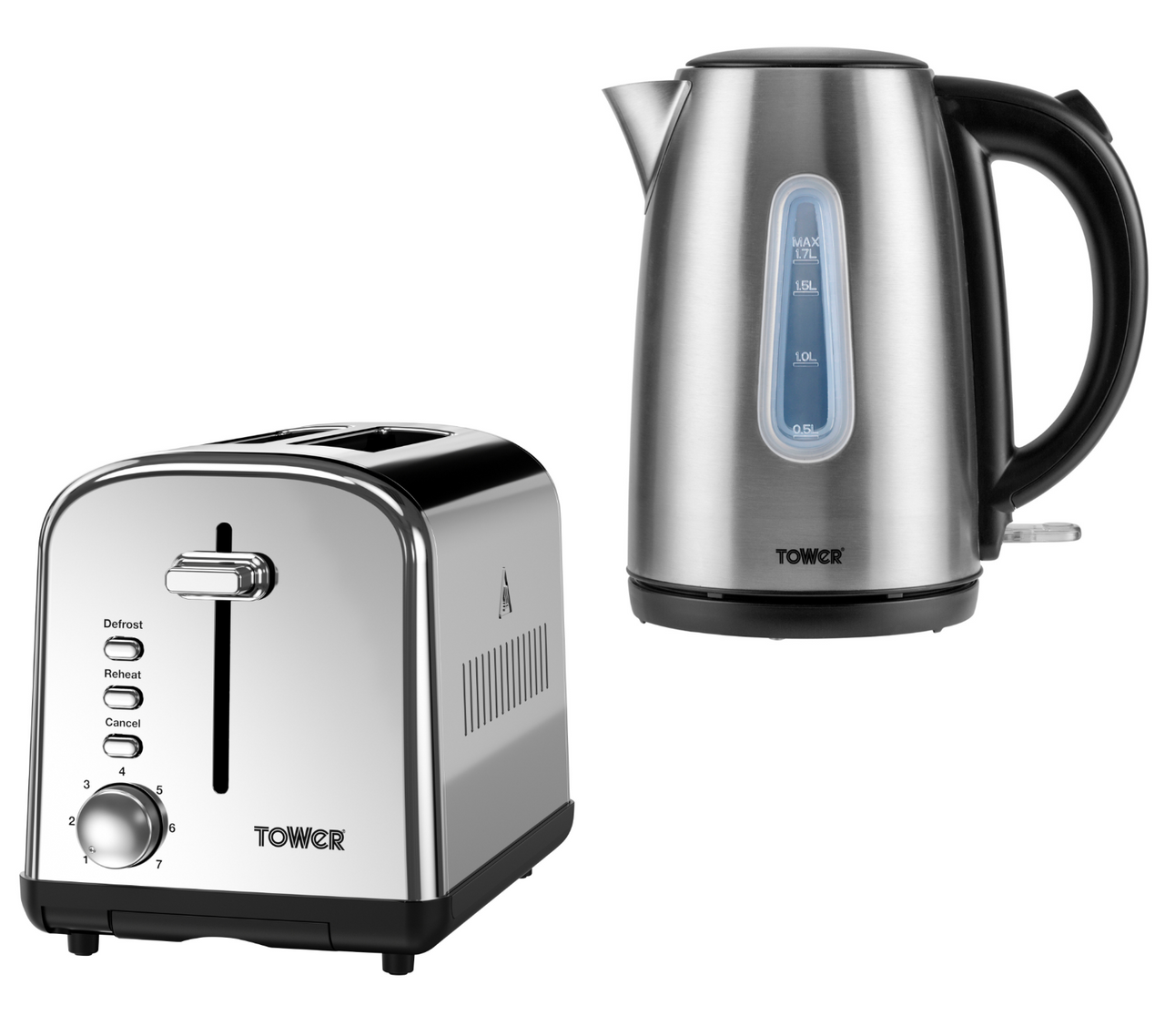 Tower Infinity Brushed Steel 3KW 1.7L Kettle & 2 Slice Toaster Matching Set