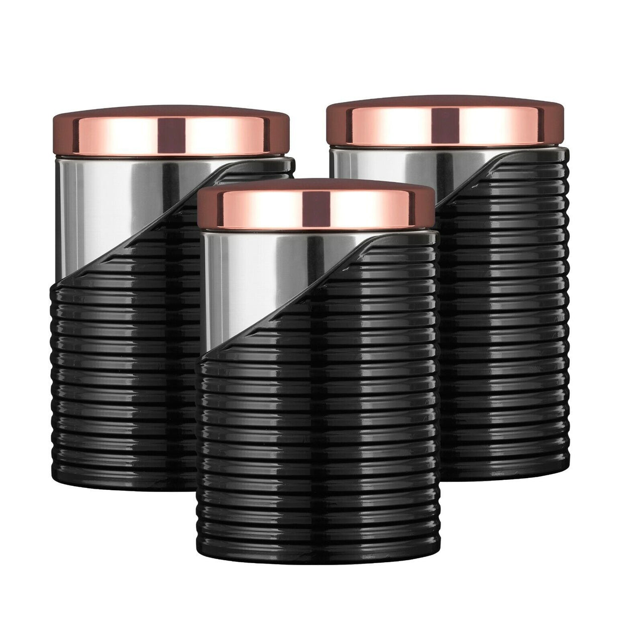 Tower Linear Tea, Coffee & Sugar Set of 3 Storage Canisters in Rose Gold & Black
