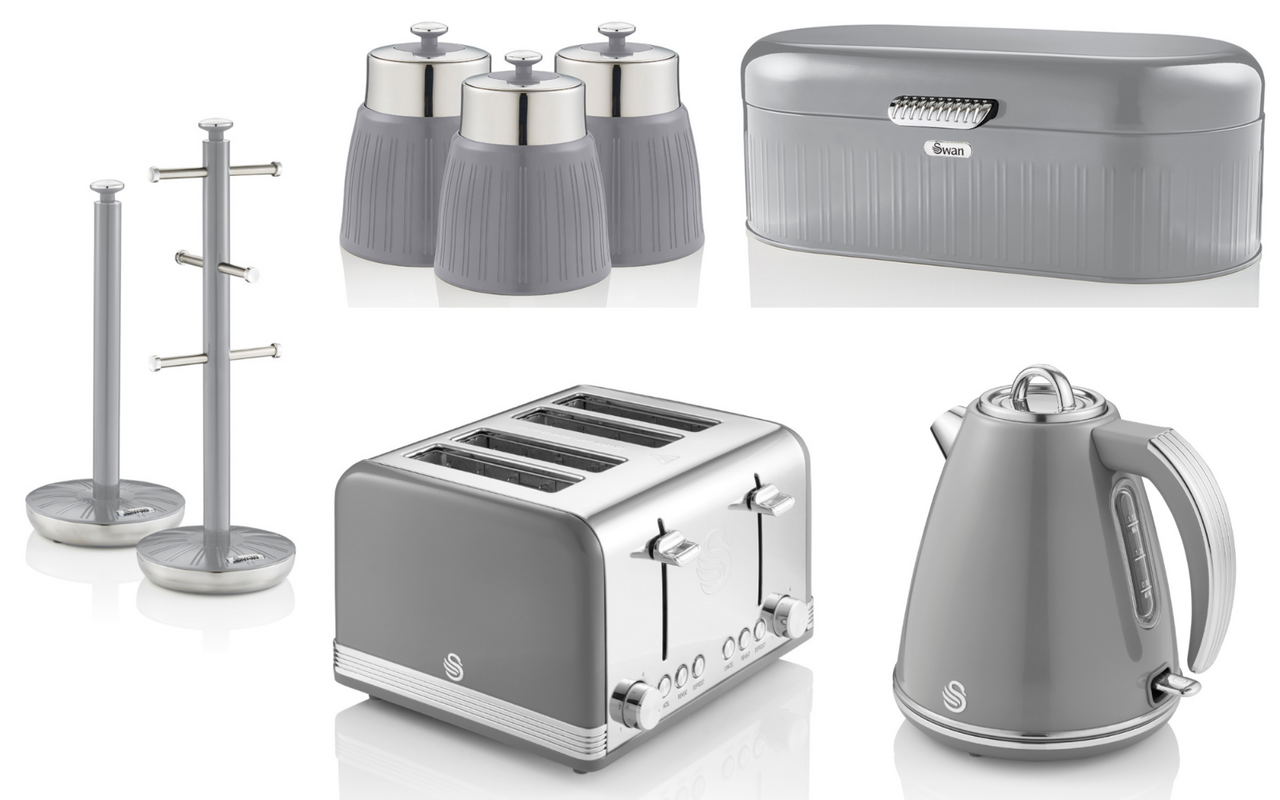 SWAN Retro Grey Kettle Toaster Bread Bin Canisters Mug Tree Towel Pole Set of 8
