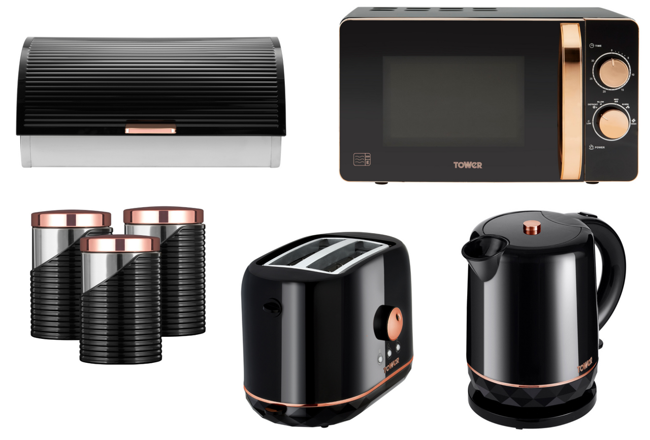 Tower Rose Gold/Black Kettle Toaster 800W 20L Microwave Bread Bin & Canisters
