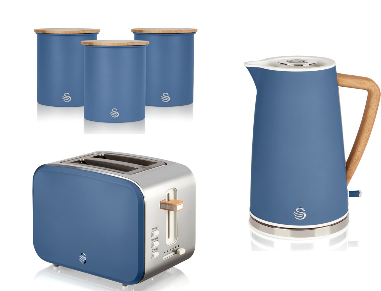 Swan Nordic Kettle 2 Slice Toaster & 3 Canisters Matching Kitchen Set in Blue