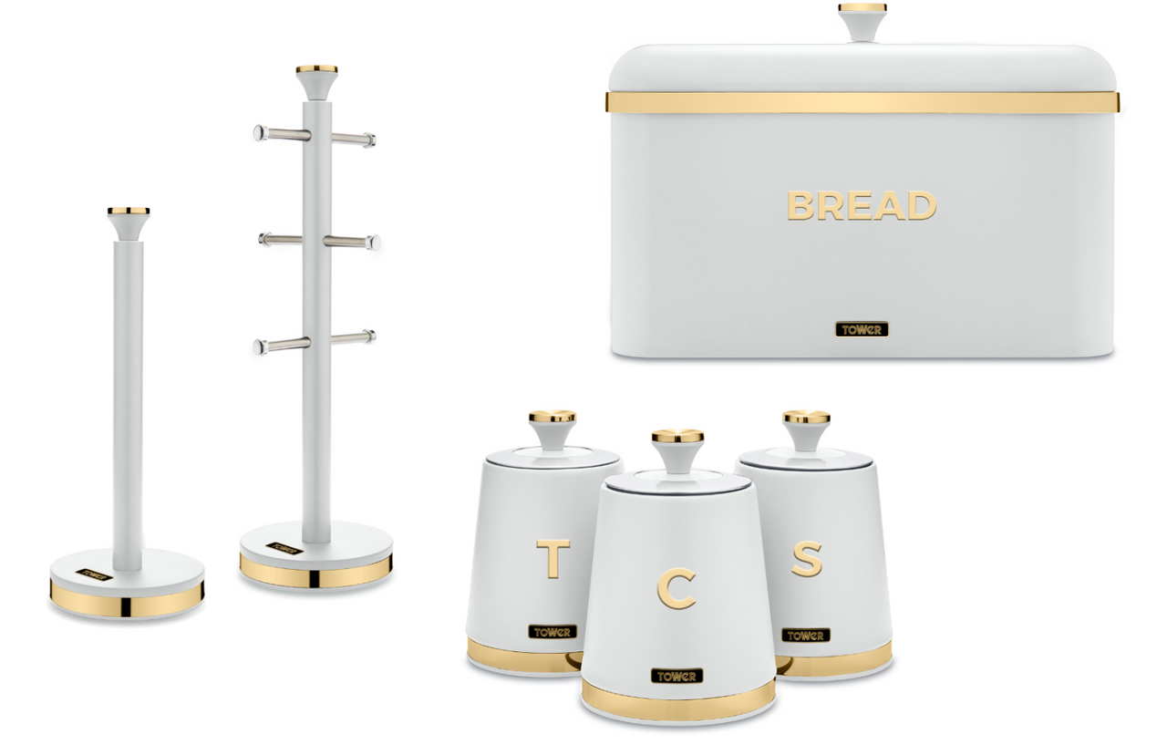 Tower Cavaletto Storage Set Bread Bin 3 Canisters Mug Tree Towel Pole White/Gold