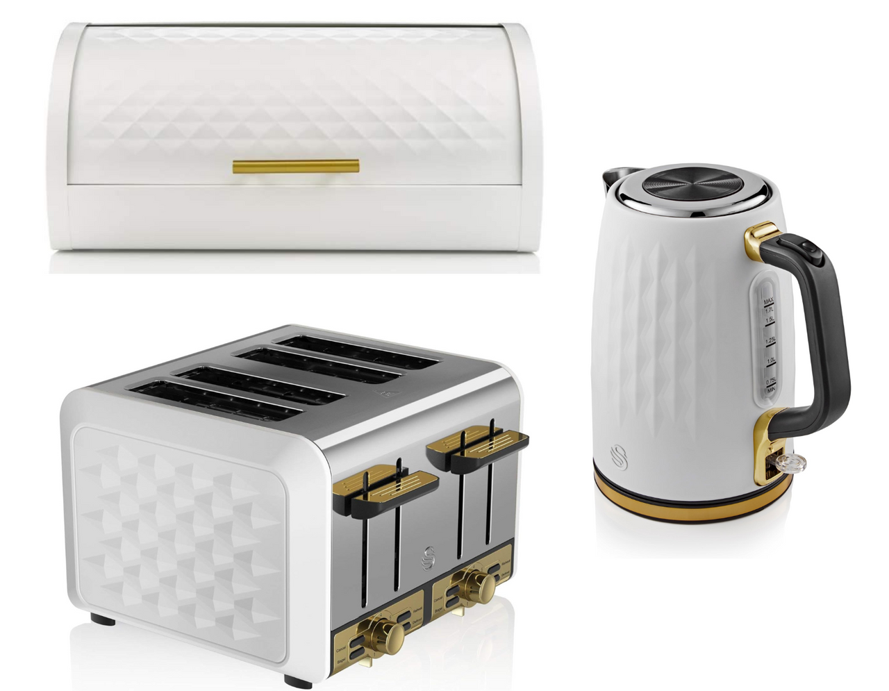 SWAN Gatsby White & Gold 1.7L Jug Kettle, 4 Slice Toaster & Bread Bin Vintage Matching Set