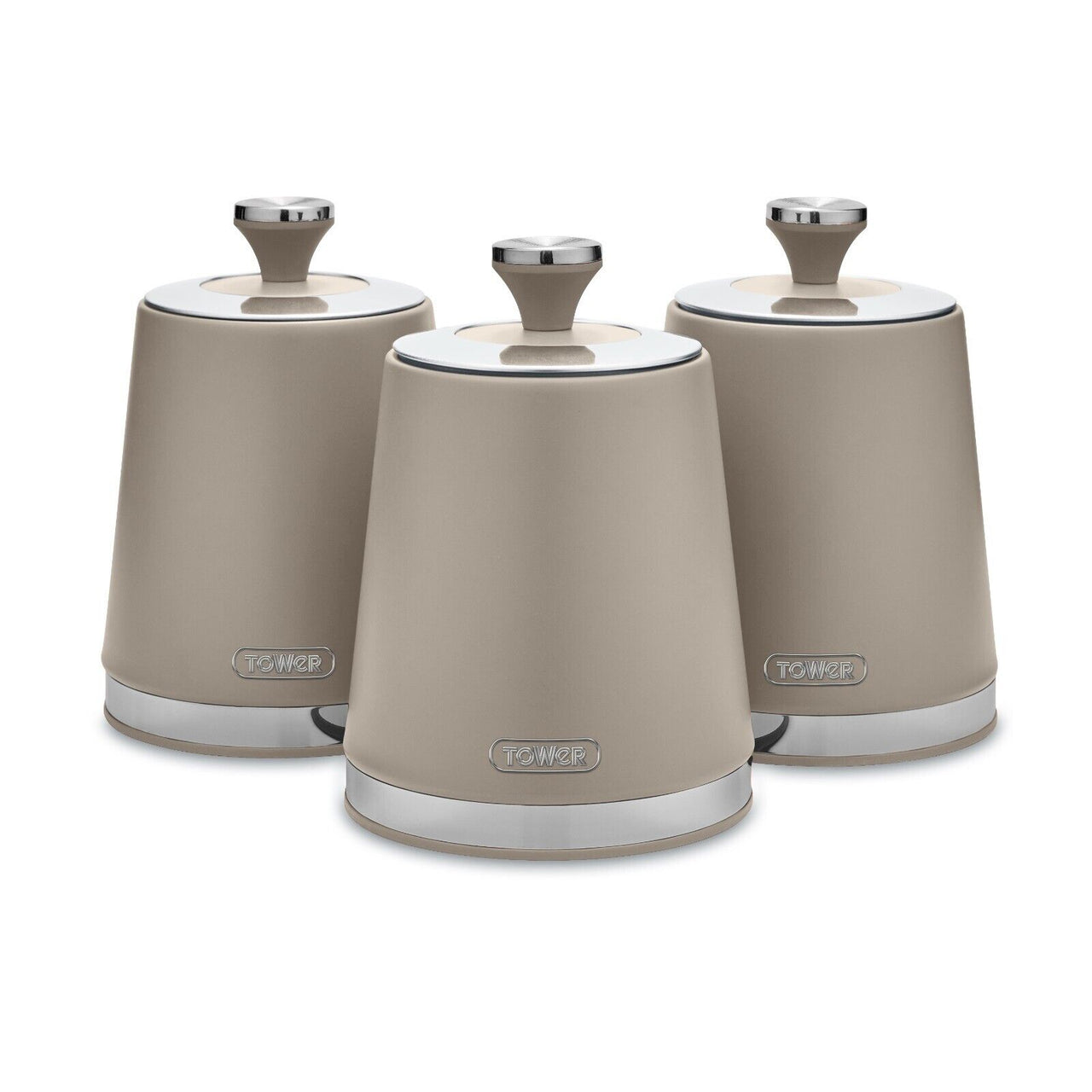 Tower Cavaletto Tea, Coffee & Sugar Storage Canisters in Latte & Chrome Accents