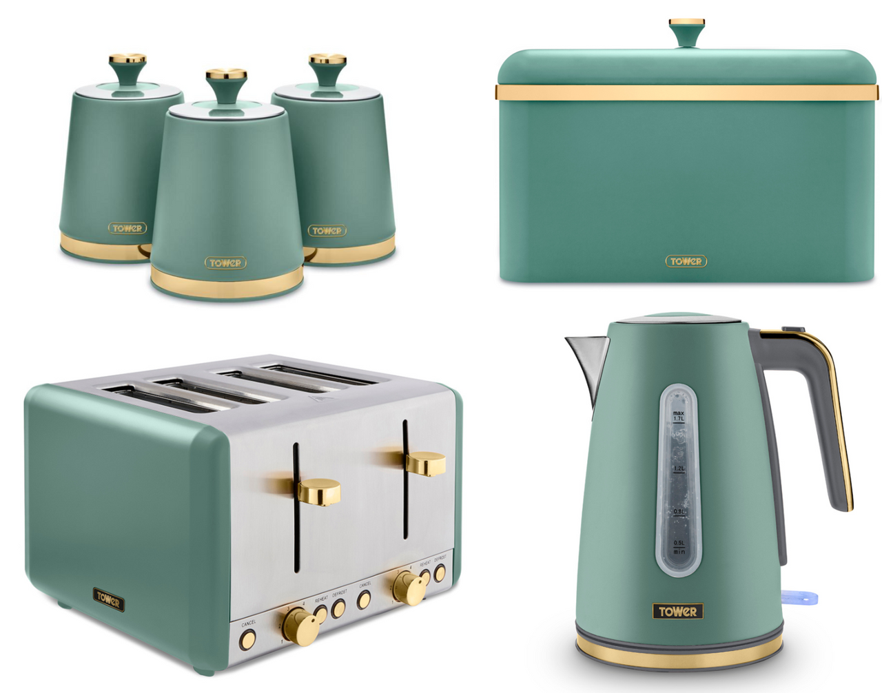 Tower Cavaletto Jade Jug Kettle, 4 Slice Toaster, Bread Bin & Canisters Matching Set of 6
